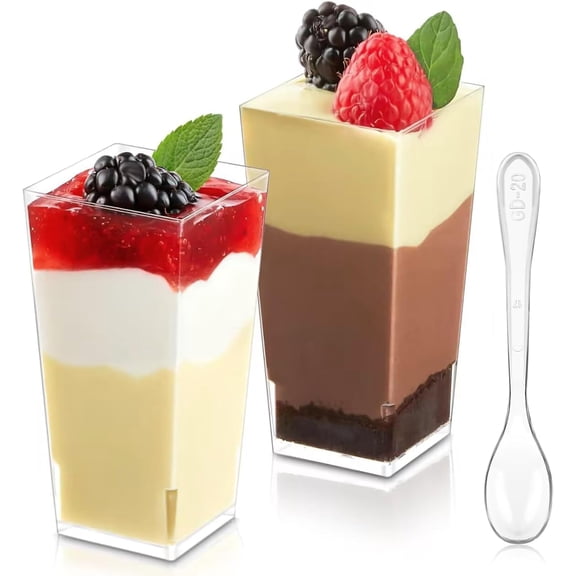 3 oz Mini Dessert Cups with Spoons, 50 Pack Plastic Square Shooter Cups for Serving Party Desserts Cheesecake Parfait Mousse Pudding Appetizers