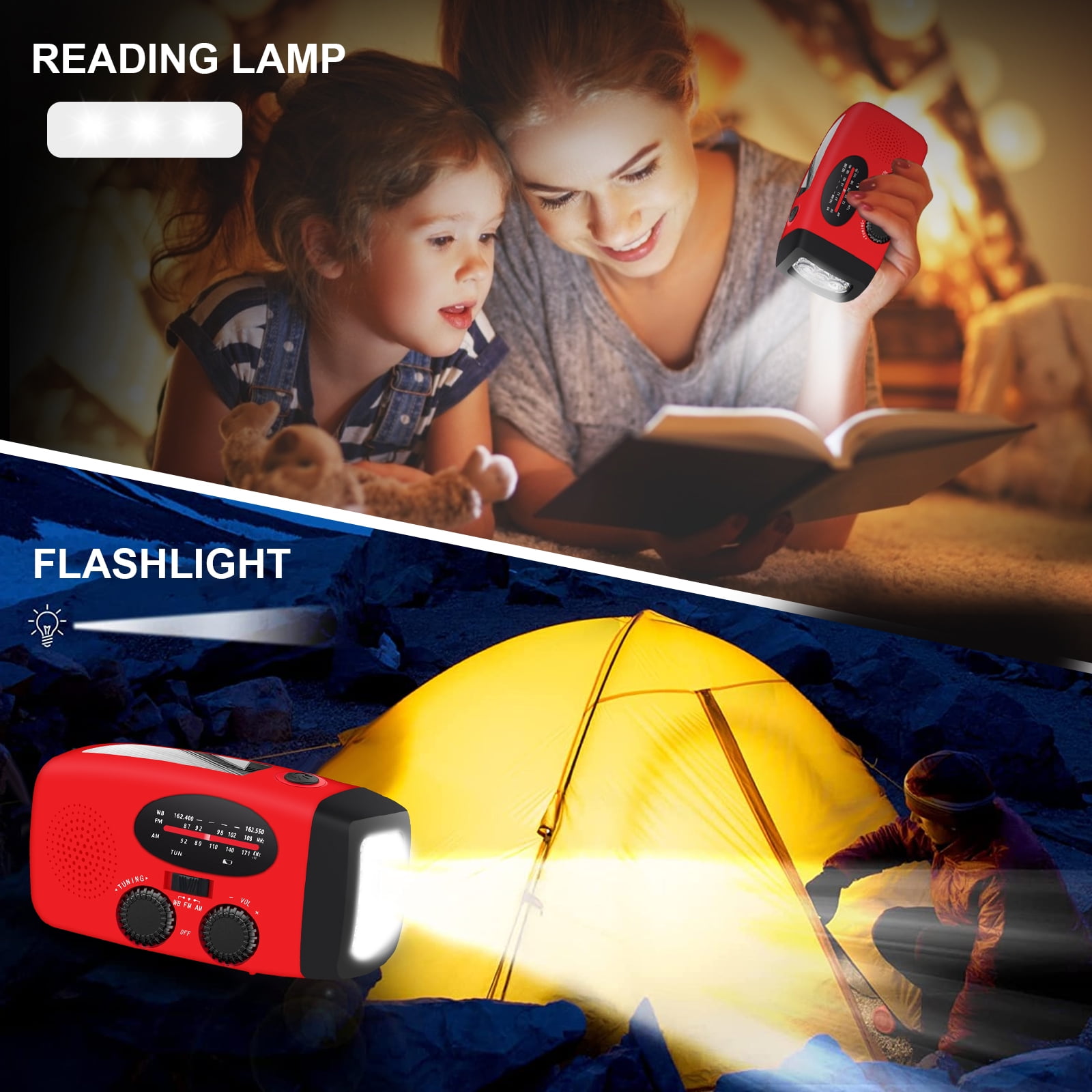 TSV Emergency Radio, Solar Hand Crank Self-Powered Weather Radio with 2000mAh Rechargeable Battery, Bright LED Flashlight, for Household Emergency, Outdoor Survival