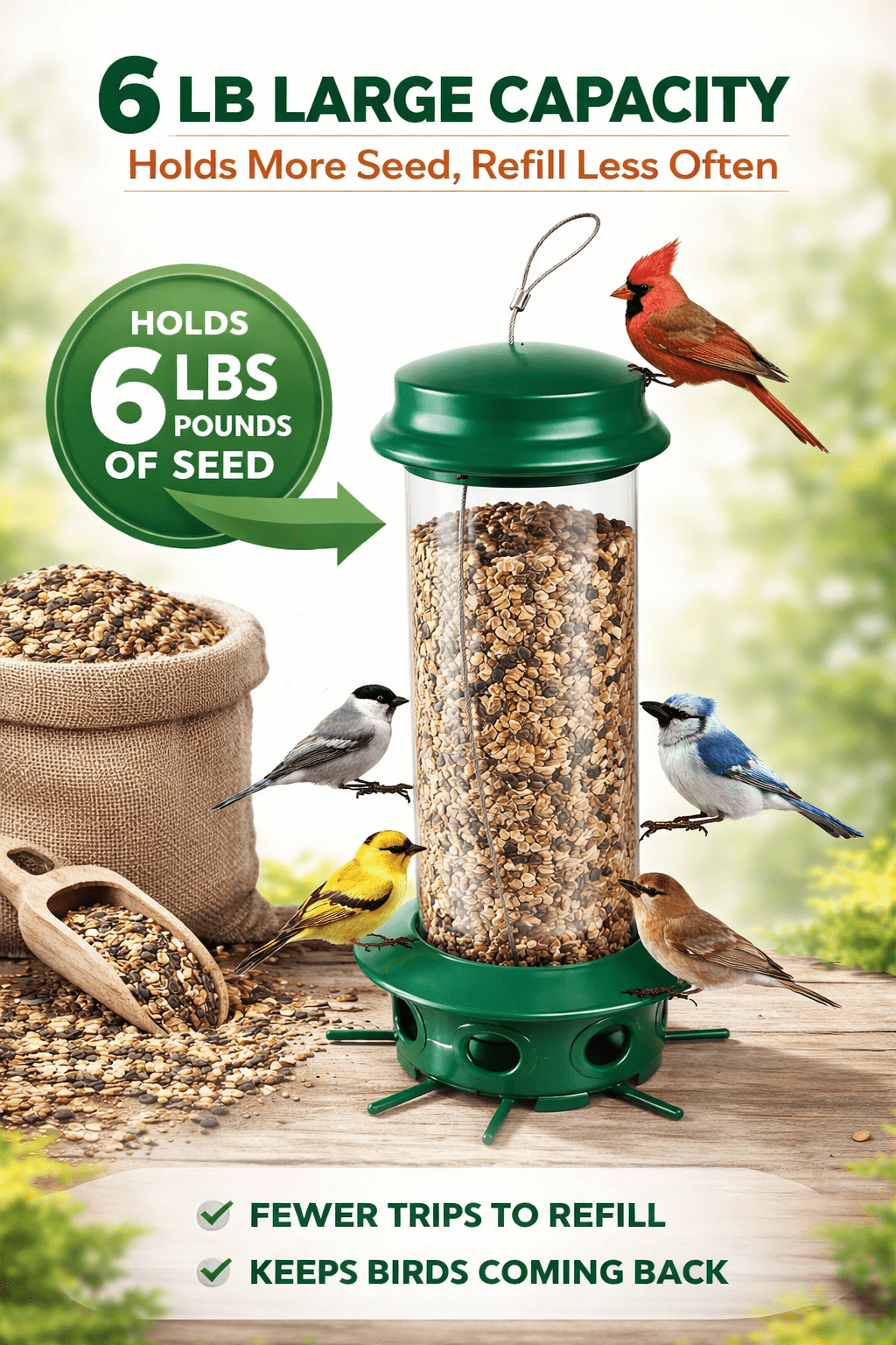 Simple Living Solutions Squirrel Resistant Bird Feeder, 6 lb Capacity, Multi-Port Hanging Feeder for Outdoor Wild Birds, Weather-Resistant
