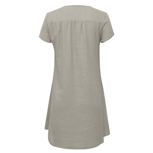 Women Cotton Linen Short Mini Dress Plain Casual Dresses Short Sleeve Shift  Dress Vintage Travel Clothes Summer Outfits