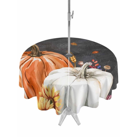 Outdoor Tablecloth with Umbrella Hole and Zipper, Fall Round Table Cloth 54 Inch Waterproof Tablecloth, Thanksgiving Orange White Pumpkin Autumn Leaves Picnic Table Cover for Patio Camping