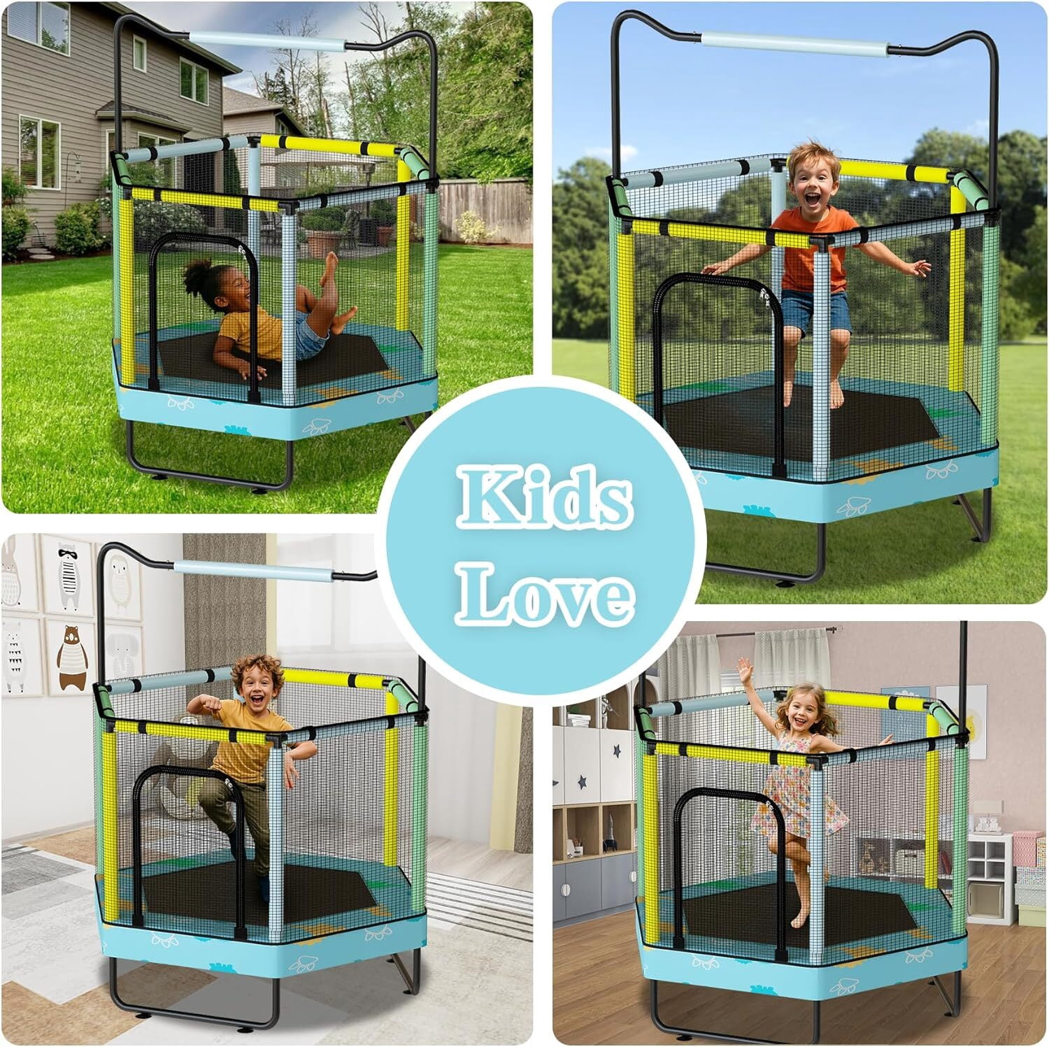 MOOSENG 7-in-1 Kids Trampoline with Safety Enclosure Net, 60" Hexagonal Toddler Trampoline with 500lbs Capacity, Indoor Outdoor Fun for Ages 1-8, Adjustable Handrail