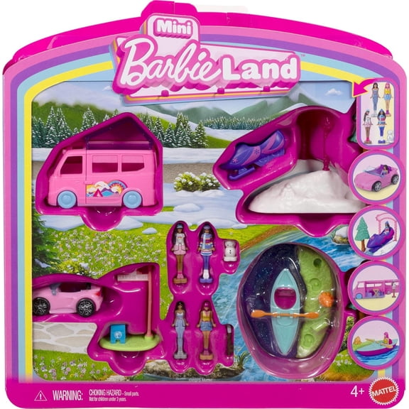 Mini BarbieLand Barbie Convertible, DreamCamper, Snowmobile & a Kayak Mini Playset