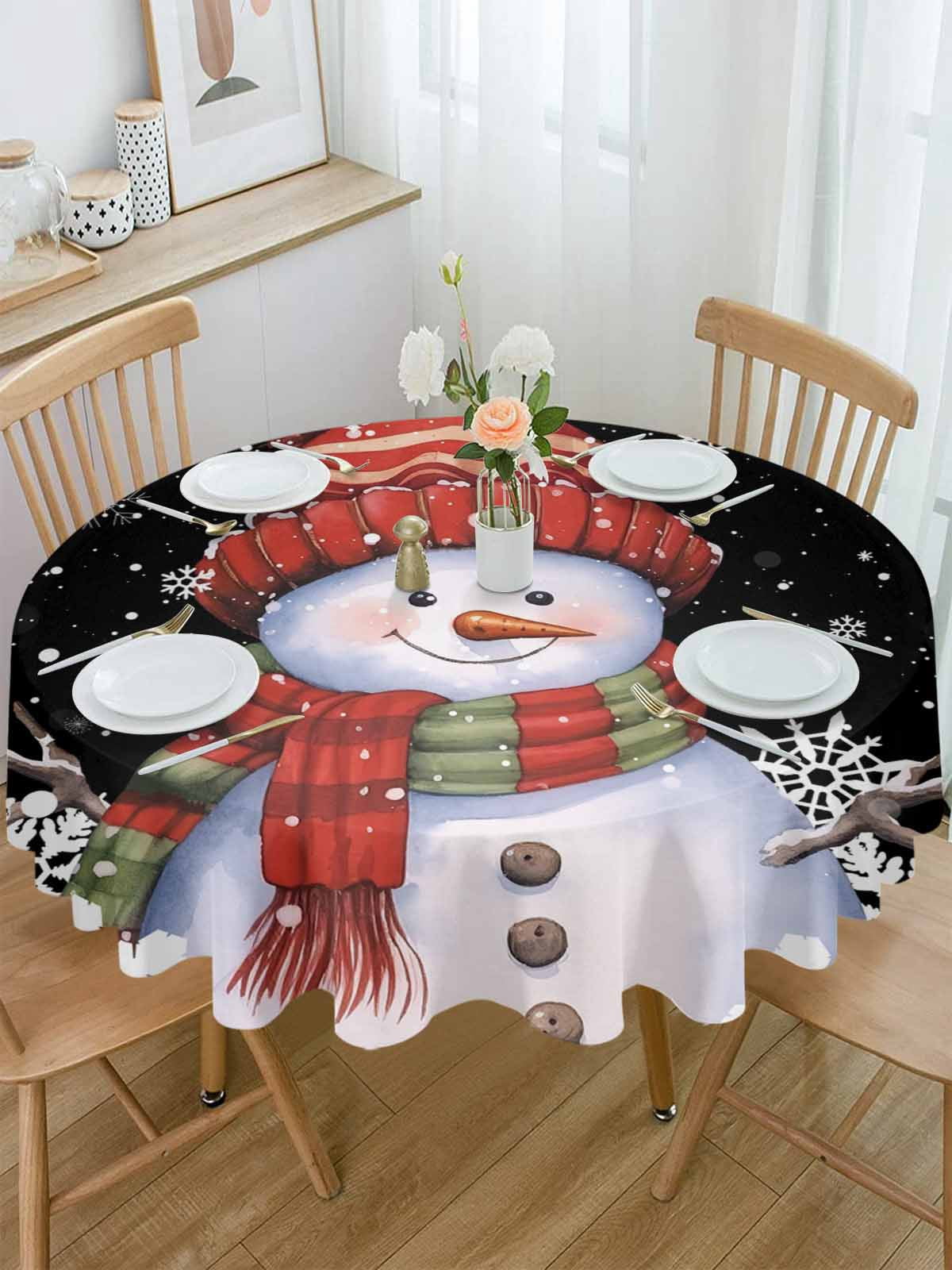 Round Tablecloth Black Christmas Snowman Waterproof Oil Proof Polyester Table Cloth Cover Decor for Home Dining Outdoor,Patio,Parties, 60" Dia. Winter Snowflakes