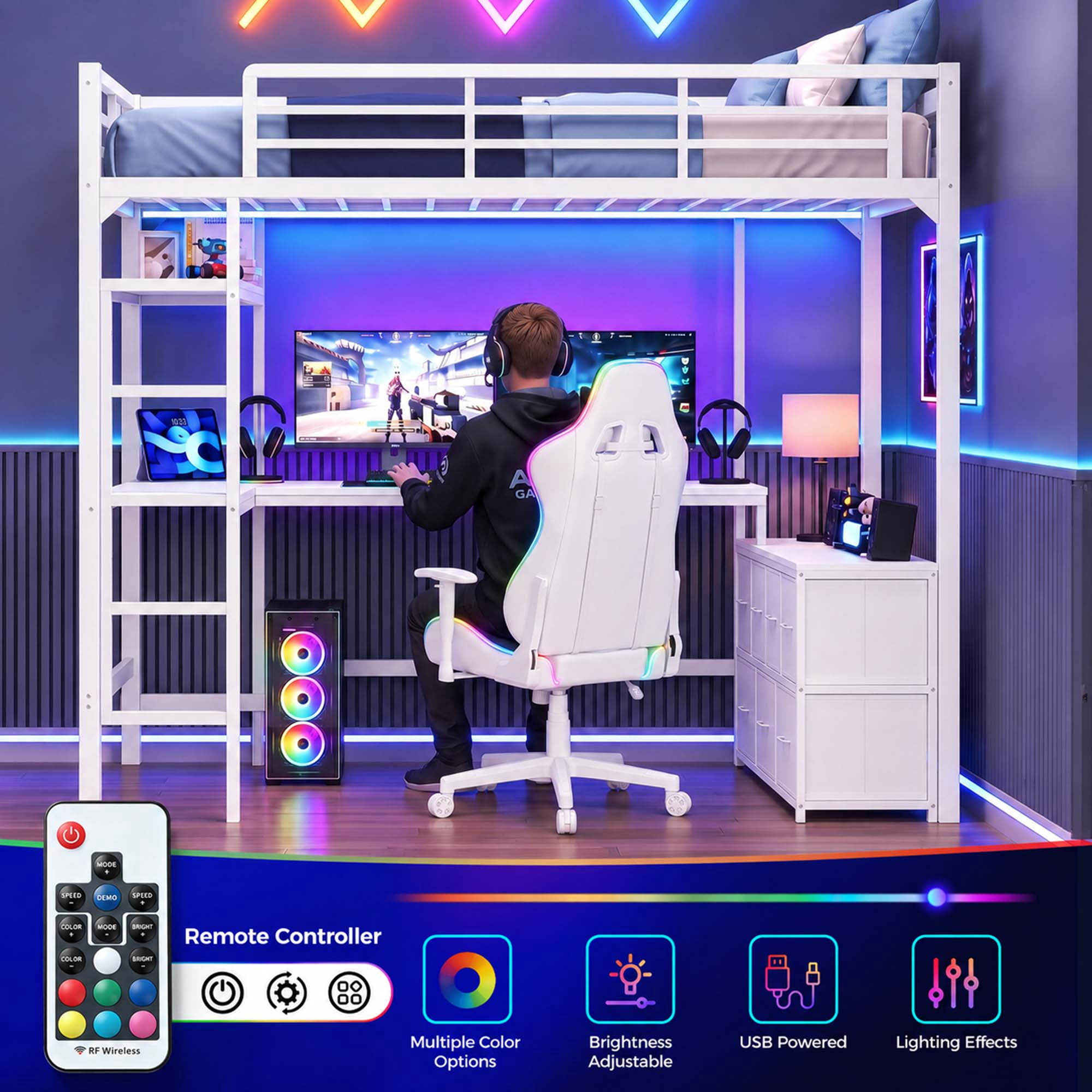Miniyam Full Size Metal Loft Bed with Desk, 7 Drawers, LED & Charging Station, White
