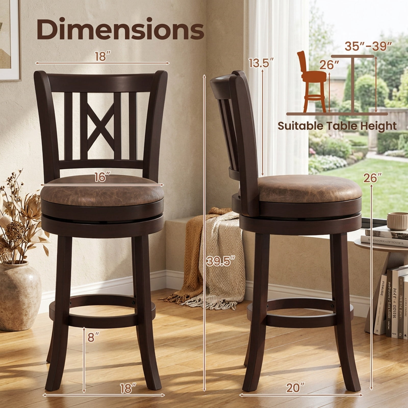 Furnibear Set of 2 Swivel Bar Stools with Footrest and Hollowed Backrest 26 Inch for Kitchen