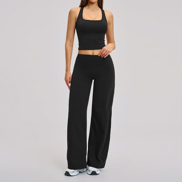 PISONIC Womens Workout Sets 2 Piece Racerback Crop Top Straight Leg Yoga Pants Yoga Pilates Outfits