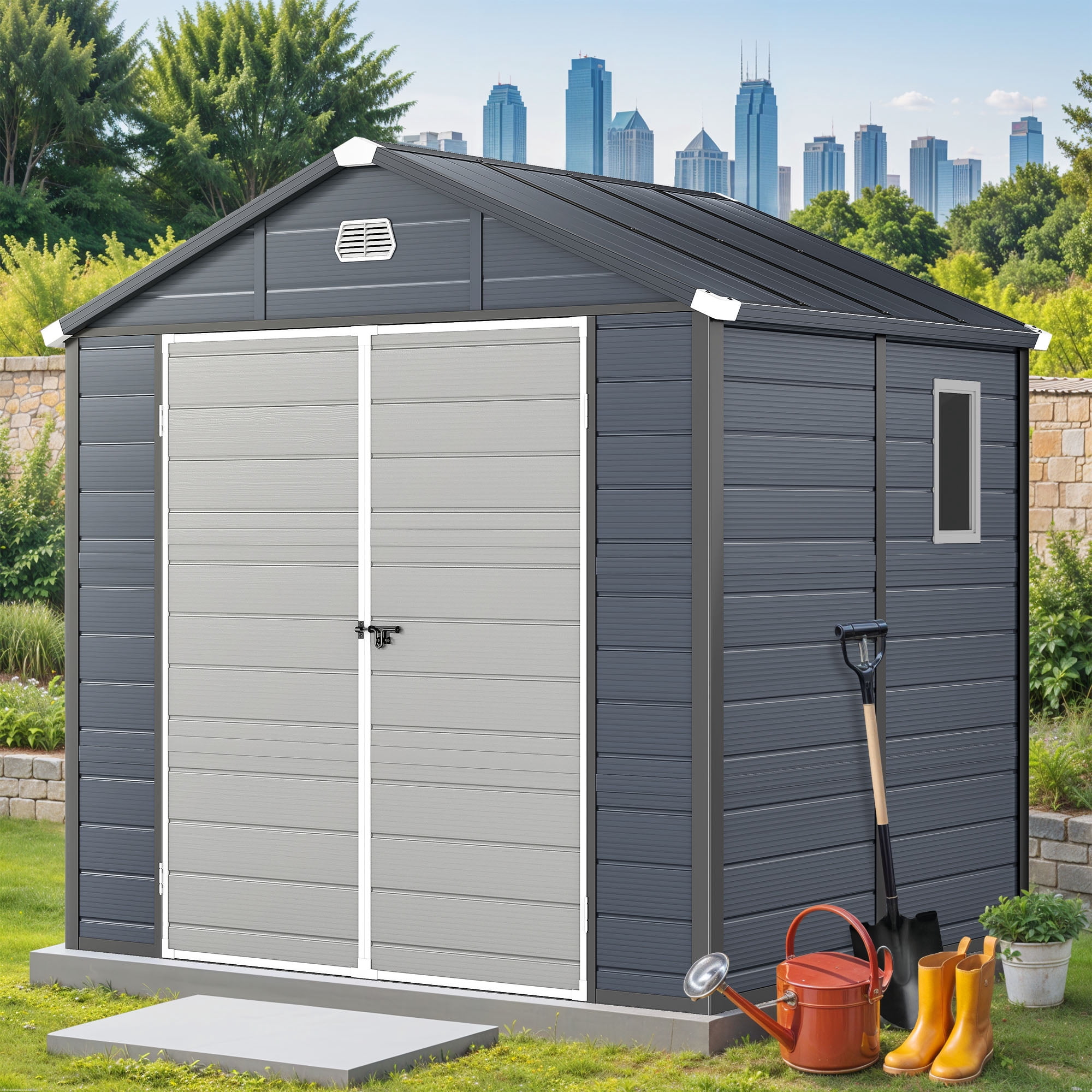 Uforic Resin Outdoor Storage Shed,7.87x6.2ft All-Weather Plastic Tool Shed with Reinforced Floor,Lockable Doors,Windows & Vents,for Backyard,Patio,Poolside,and Lawn