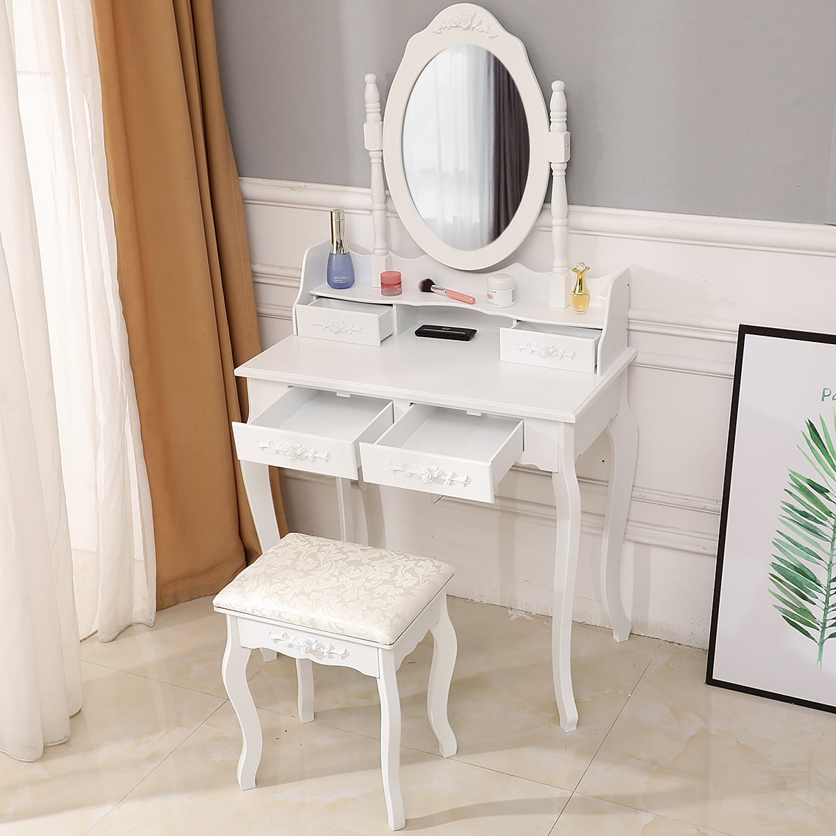 Vanity Makeup Dressing Table Set Folding Mirror Desk Dresser W/Stool Wood White 