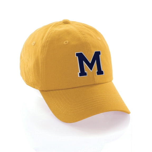 Customized Letter Intial Baseball Hat A to Z Team Colors, Gold Cap White Navy