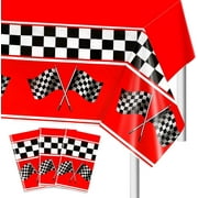 3 Pack Checkered Race Car Tablecovers, Black and White Racing Car Tablecloth for Kids Car Theme Birthday Party Baby Shower Party Supplies, Red