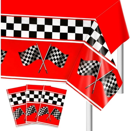 3 Pack Checkered Race Car Tablecovers, Black and White Racing Car Tablecloth for Kids Car Theme Birthday Party Baby Shower Party Supplies, Red