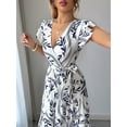 thumbnail image 6 of Women'S A Line Dress with Tie Waist Floral Print Beach Vacation Party Short Sleeve Ruffle Elegant Navy Blue M, 6 of 8