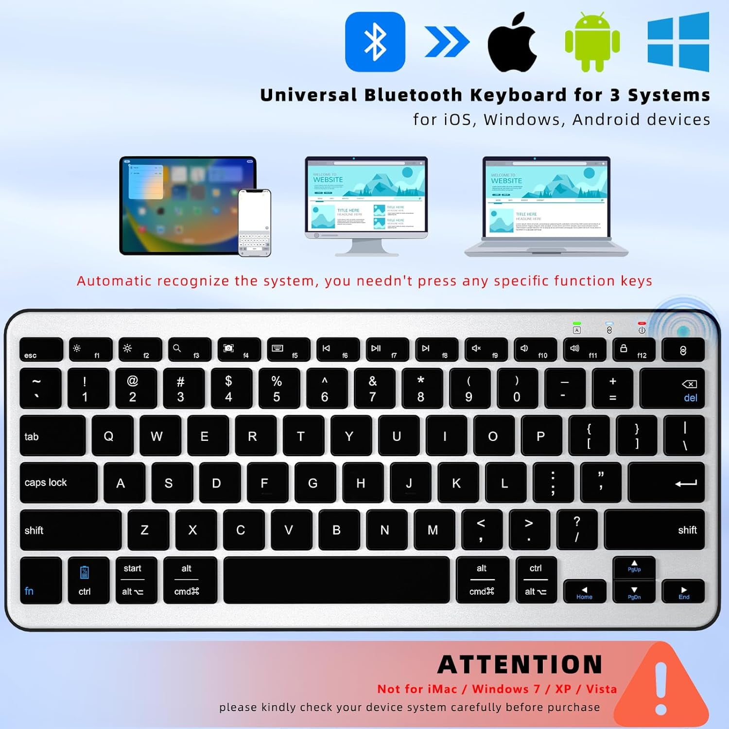 XIHAMA Bluetooth Keyboard, Ultra-Slim Wireless Keyboard for iPad, Rechargeable Ergonomic Computer Keyboard for iOS, Android, Windows PC Tablets Phone