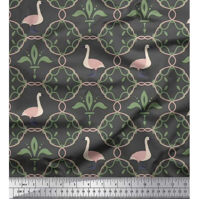 Soimoi Gray Heavy Canvas Fabric Swan & Moroccan Damask Decor Fabric Printed Yard 58 Inch Wide