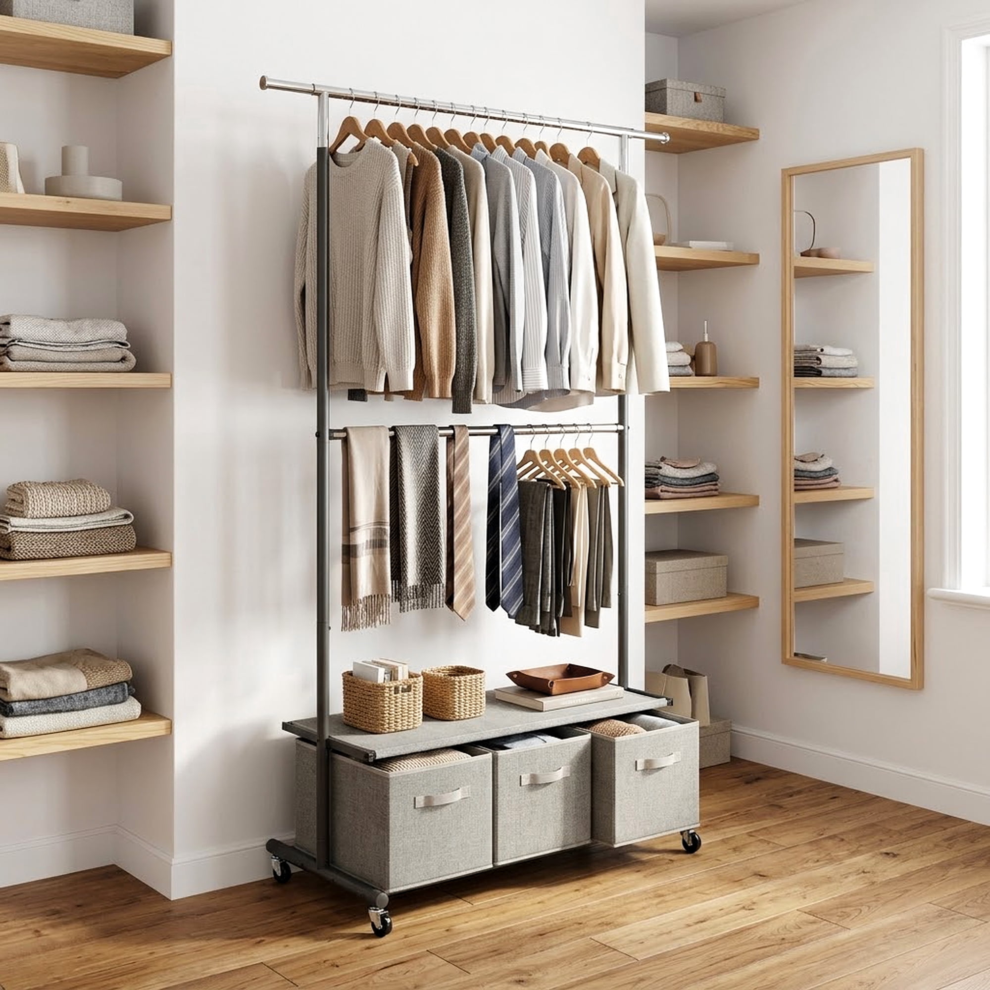 Better Homes & Gardens 2-Tier Metal Rolling Garment Rack with 3 Drawer Closet Organizer, Gray
