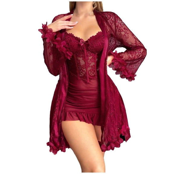 JSGEK Women Sheer Robe and Chemise Dress 2 Piece Set Lace Trim Belted Waist Nightwear Lingerie Set Red M