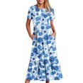 thumbnail image 2 of Penkiiy Women Floral Print Short Sleeve Dress Loose Plain Casual Summer Flowy Tiered Long Maxi Dresses with Pockets S Light Blue, 2 of 5