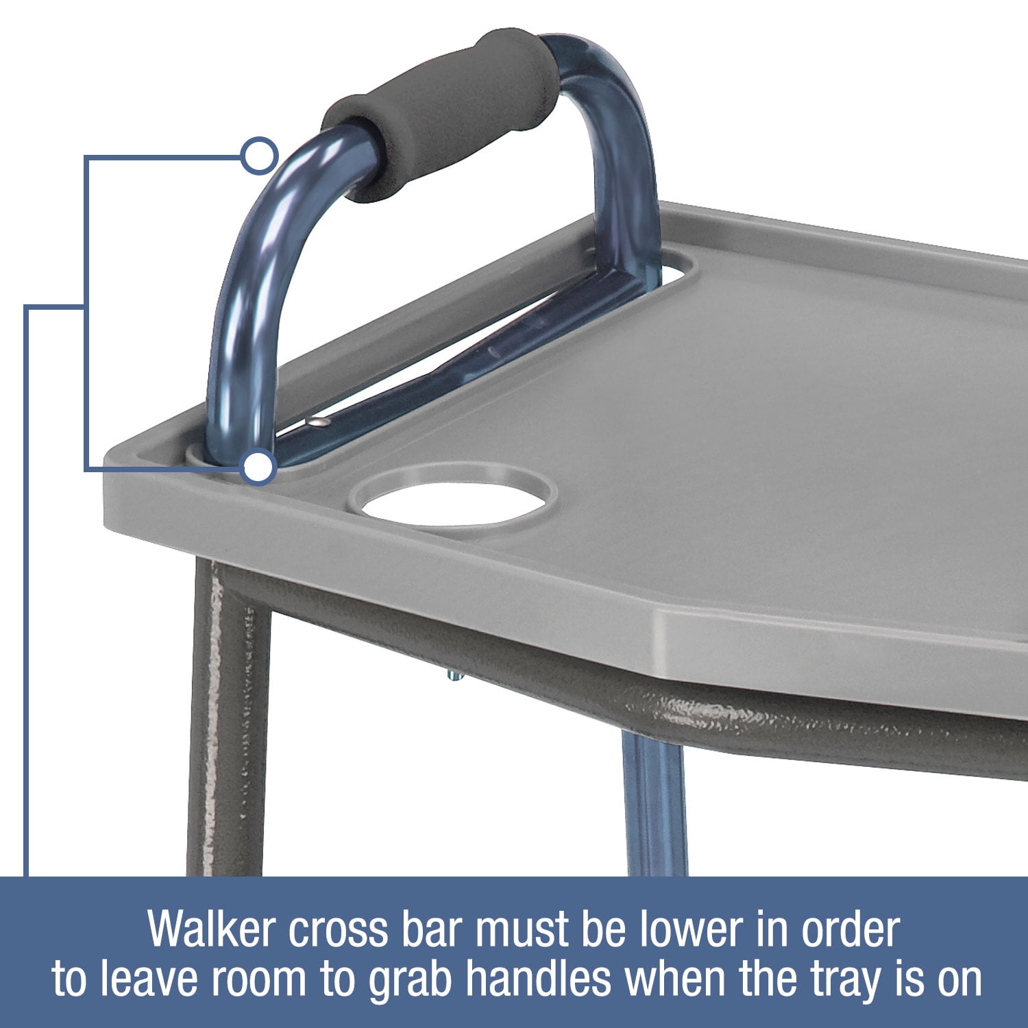 DMI Walker Tray with Cup Holders, Fits 16–19 in Standard and Folding Walkers, 21 x 16 in Tray Surface, Gray