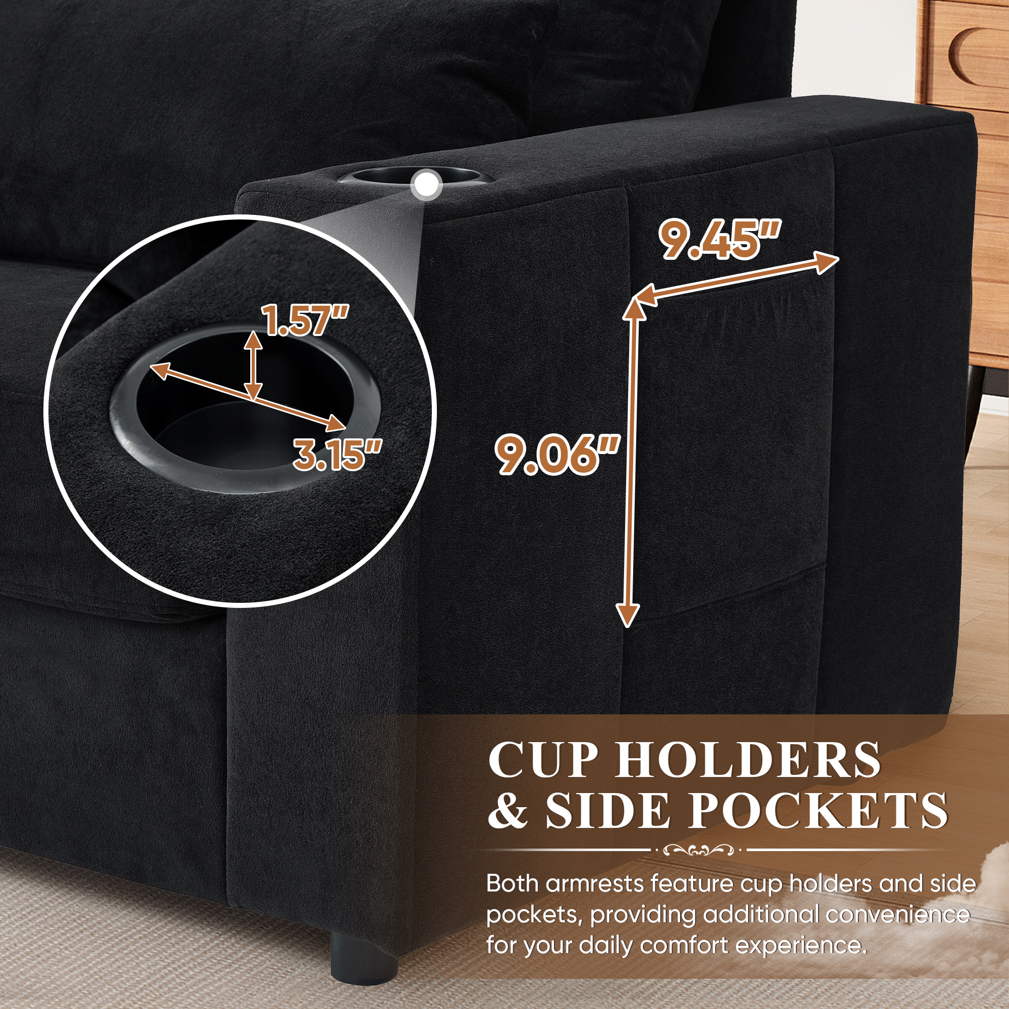 Lunale Accent Chair with Ottoman, Indoor Lounge Chair with USB & Storage, Modern Upholstered Sofa Armchair for Living Room, Bedroom, Apt., Black Chenille