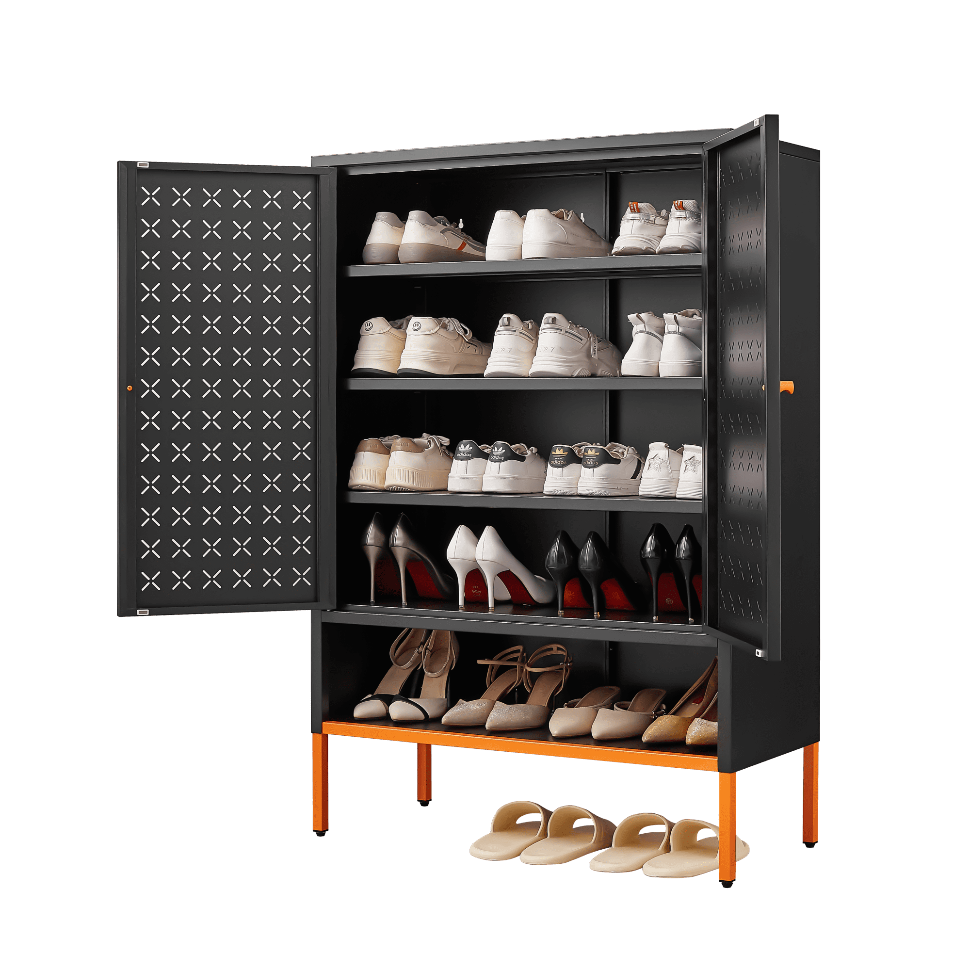 Grid Double Door Shoe Cabinet, 3 Layer Adjustable Compartments for Flexible Storage, Hollow Shoe 15cm Moisture-proof high Foot Design