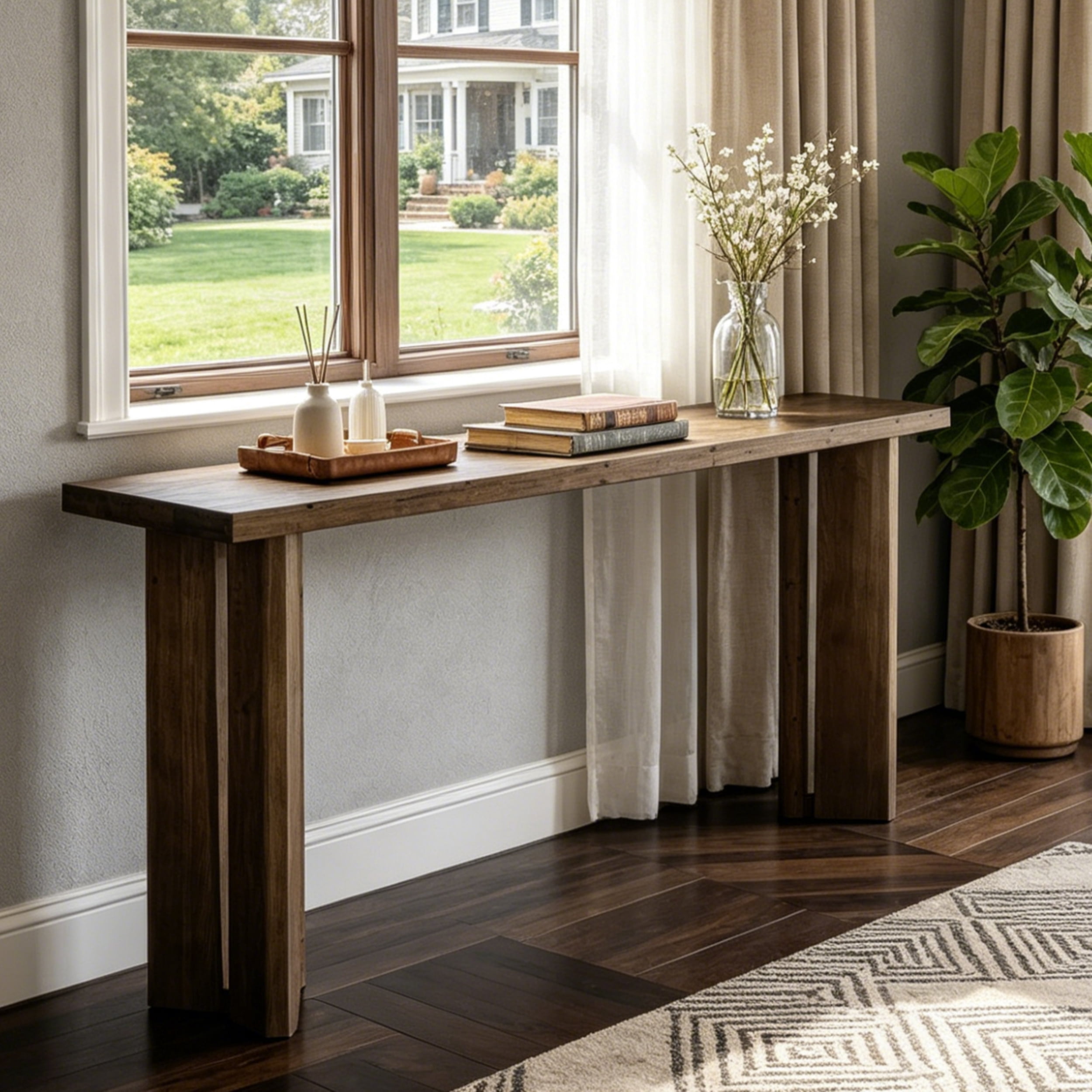 Fnova 70.9" Solid Wood Console Table, Farmhouse Extra Long Narrow Entryway Table, Slim Modern Sofa Table for Living Room, Hallway, Foyer