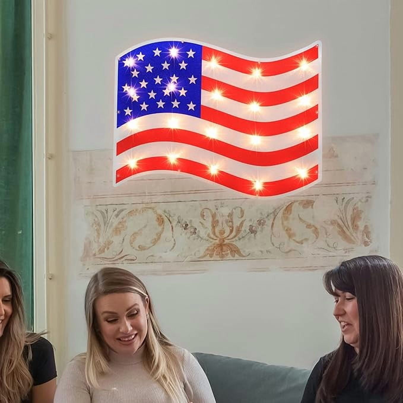 LAMPHOME 17.3'' Lighted Holographic American Flag Window Silhouette Decoration, Red White Blue Patriotic Ornament, Ideal for Independence Day, Memorial Day Holiday Decor