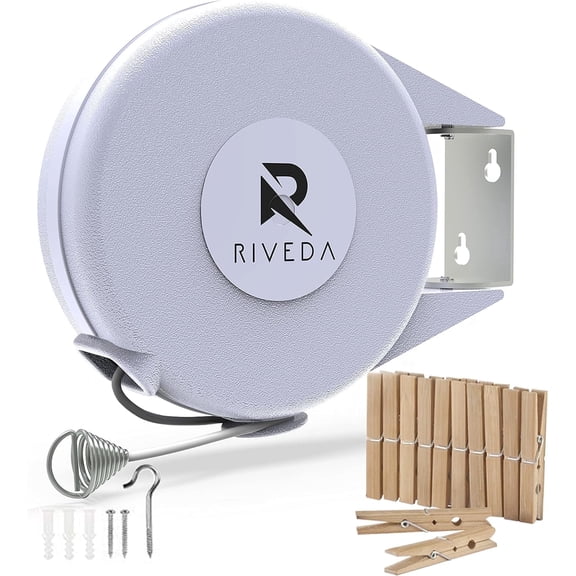 RIVEDA Retractable Clothesline with 12 Wooden Clothespins – 40 Feet PVC Clothesline Rope with Heavy Duty Wall Mount – Perfect Portable Laundry Line for Indoor & Outdoor Use