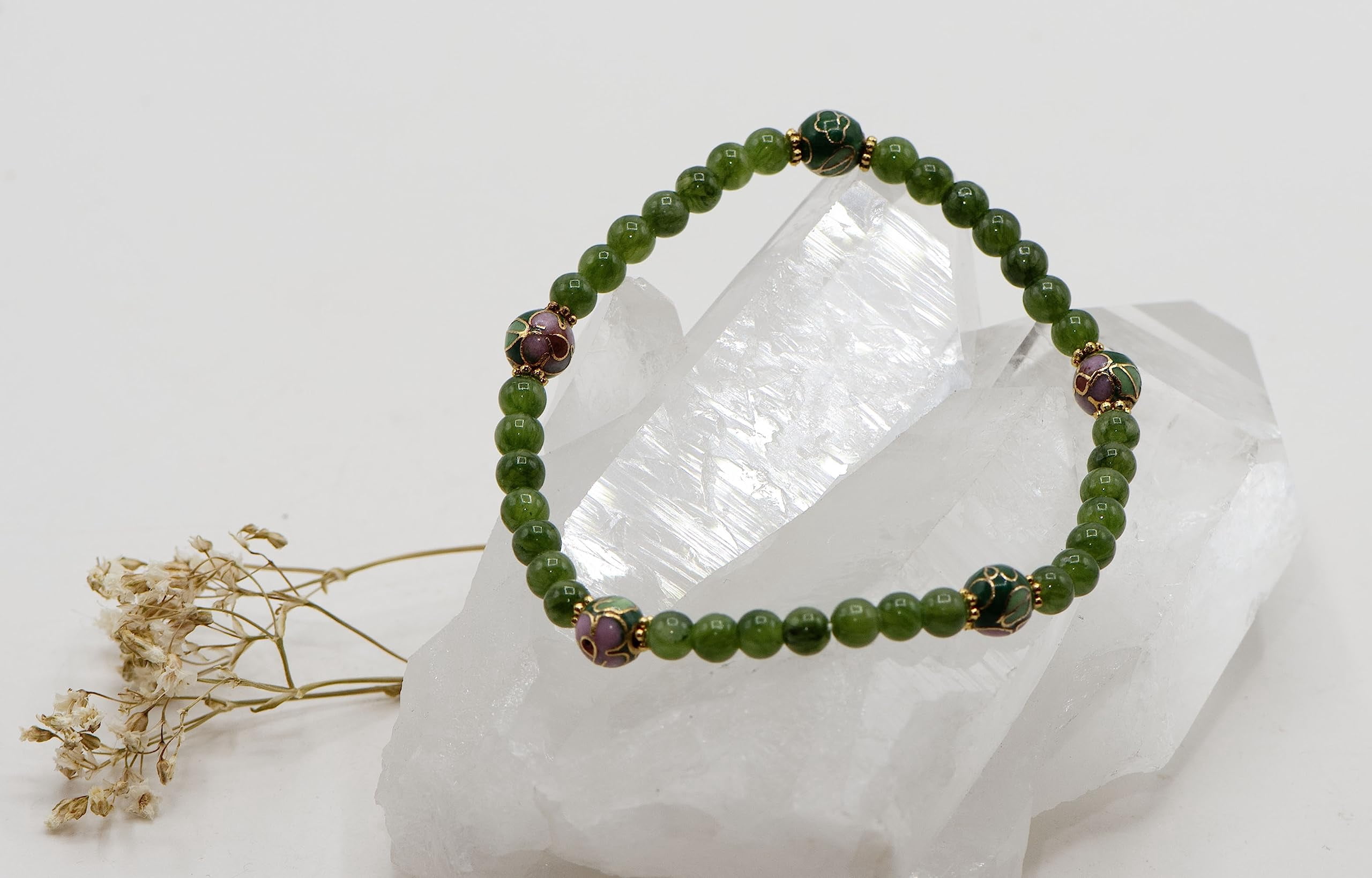 LTC Designs 4mm Round Dyed Nephrite Jade Stretch Bracelet with Green Cloisonne Floral and 14k Gold-plated Sterling Silver Accents, 7" for Men and Women, Trending Stackable Jewelry