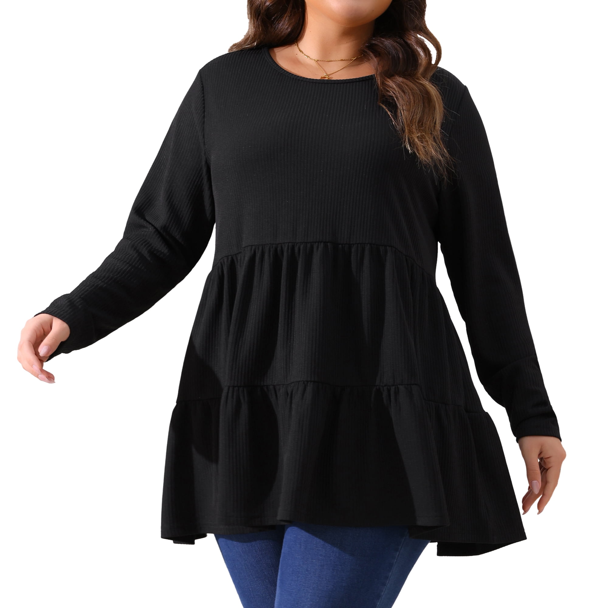 DARING DIVA Women's Plus Babydoll Crew Neck Casual Loose Peplum Tops 4X Black