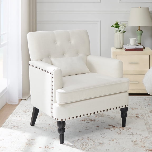 HomePerch Upholstered Tufted Accent Chair, Mid-Century Modern Button-Tufted Armchair with Studded Trim, Linen Fabric Reading Chair for Bedroom or Living Room, Beige