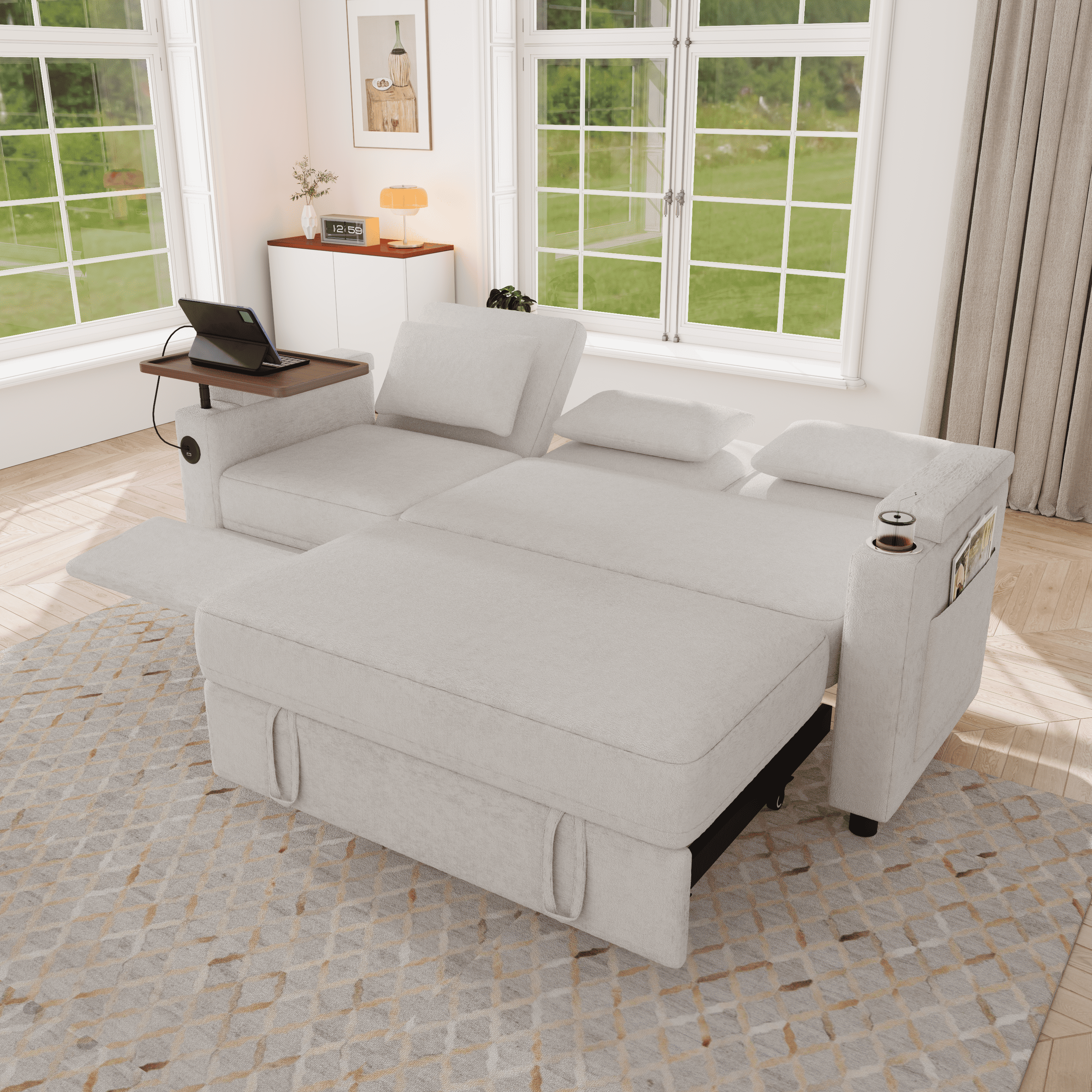 TiramisuBest 81" 3-in-1 Convertible Sleeper Sofa Bed with Power Recliner,Chenille Sofa Couch with Tray Table & USB for Living Room,Off White