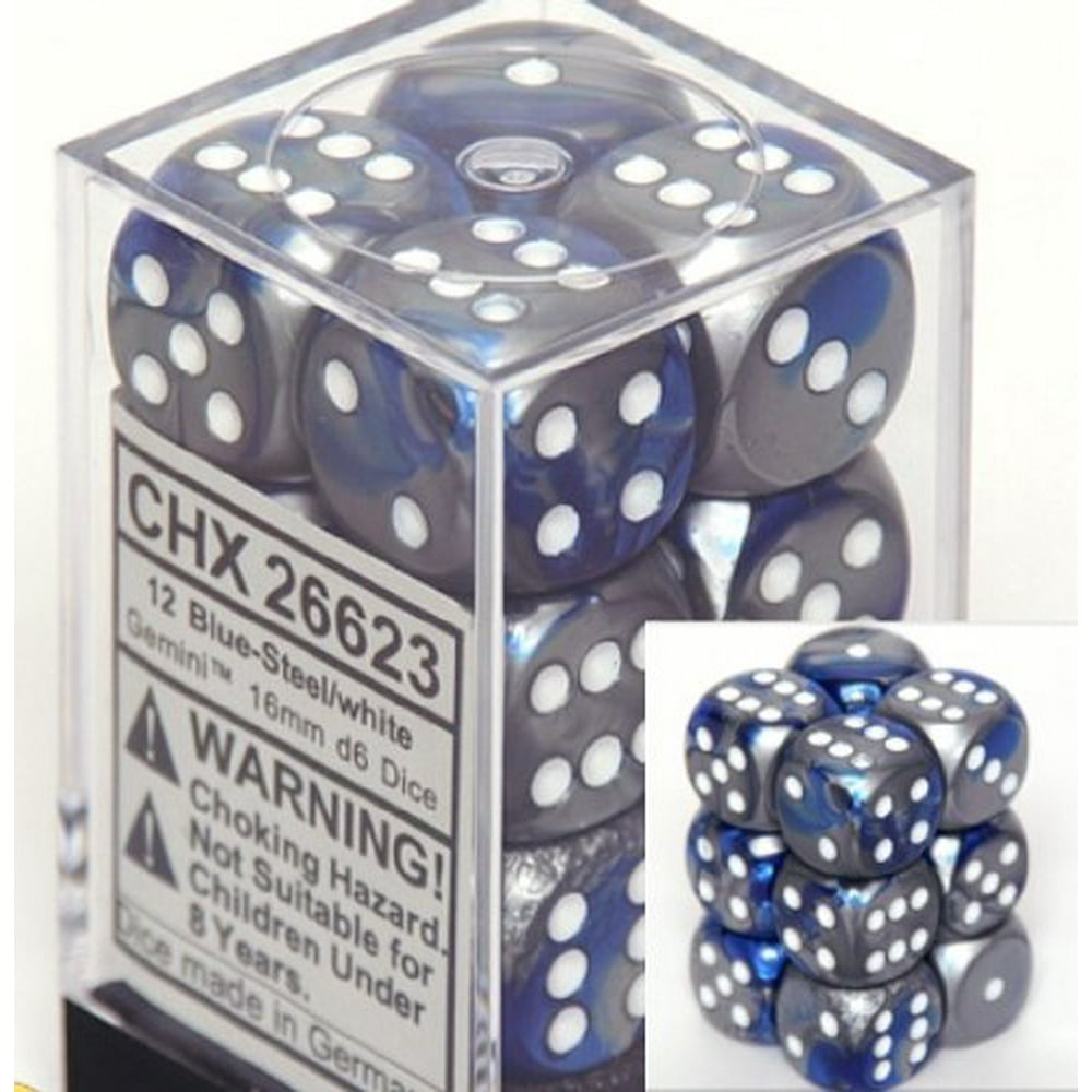 Chessex Dice d6 Sets Gemini Blue & Steel with White 16mm Six Sided