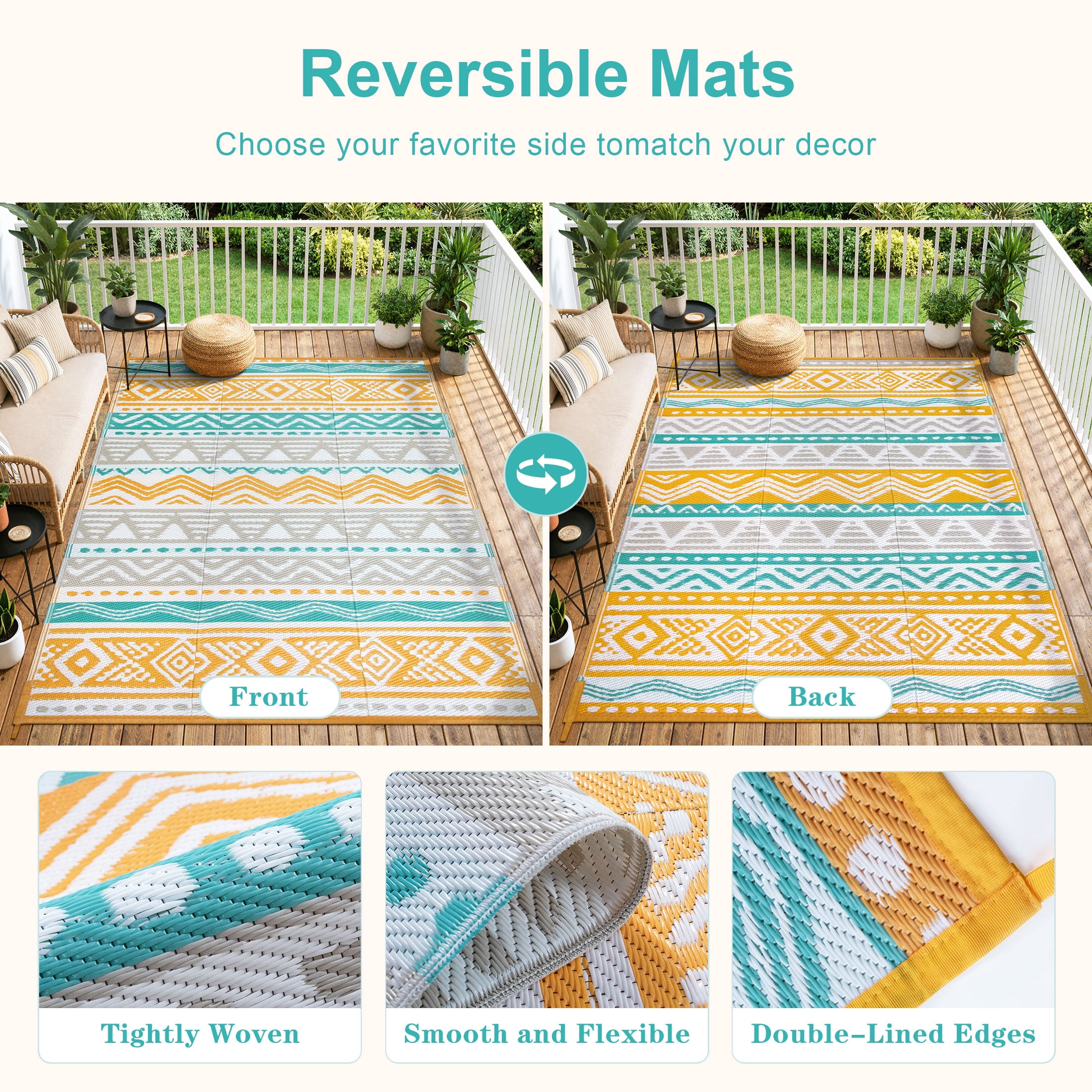 Moynesa Outdoor Rug Waterproof, 4'x6' Lightweight Plastic Straw Rug for Camping RV, Reversible Outside Carpet for Patio Deck Porch Balcony Picnic Tent, Blue/Yellow