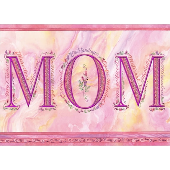 RSVP Decorative Pink Foil Mom Letters Surrounded by Positive Phrases Mother's Day Card for Mom