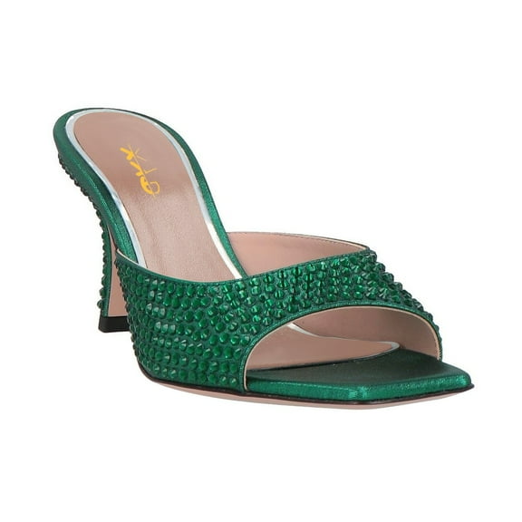 XYD Women Shiny Rhinestones Open Square Toe Mules Slip on Studded Mid Thin Heels Dress Fashion Slide Sandals Size 7 Emerald
