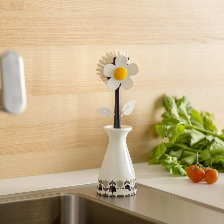 Vigar Flower Power Retro Black & White Dish Washing Brush with Vase Stand 