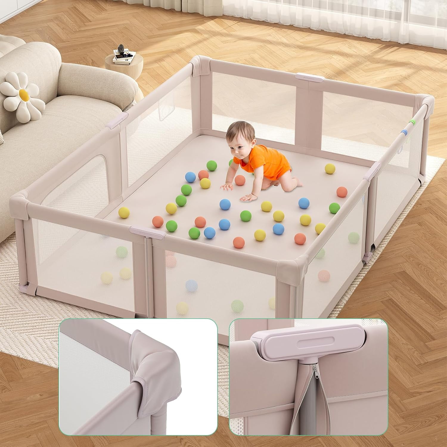 NEGYLIM 73" ×61" Large Baby Playpen, Baby Playard for Babies and Toddlers, Baby Fence Play Pens for Indoor & Outdoor, Sturdy Safety Play Yard with Soft Breathable Mesh and Carry Bag, Anti-Fall, Pink