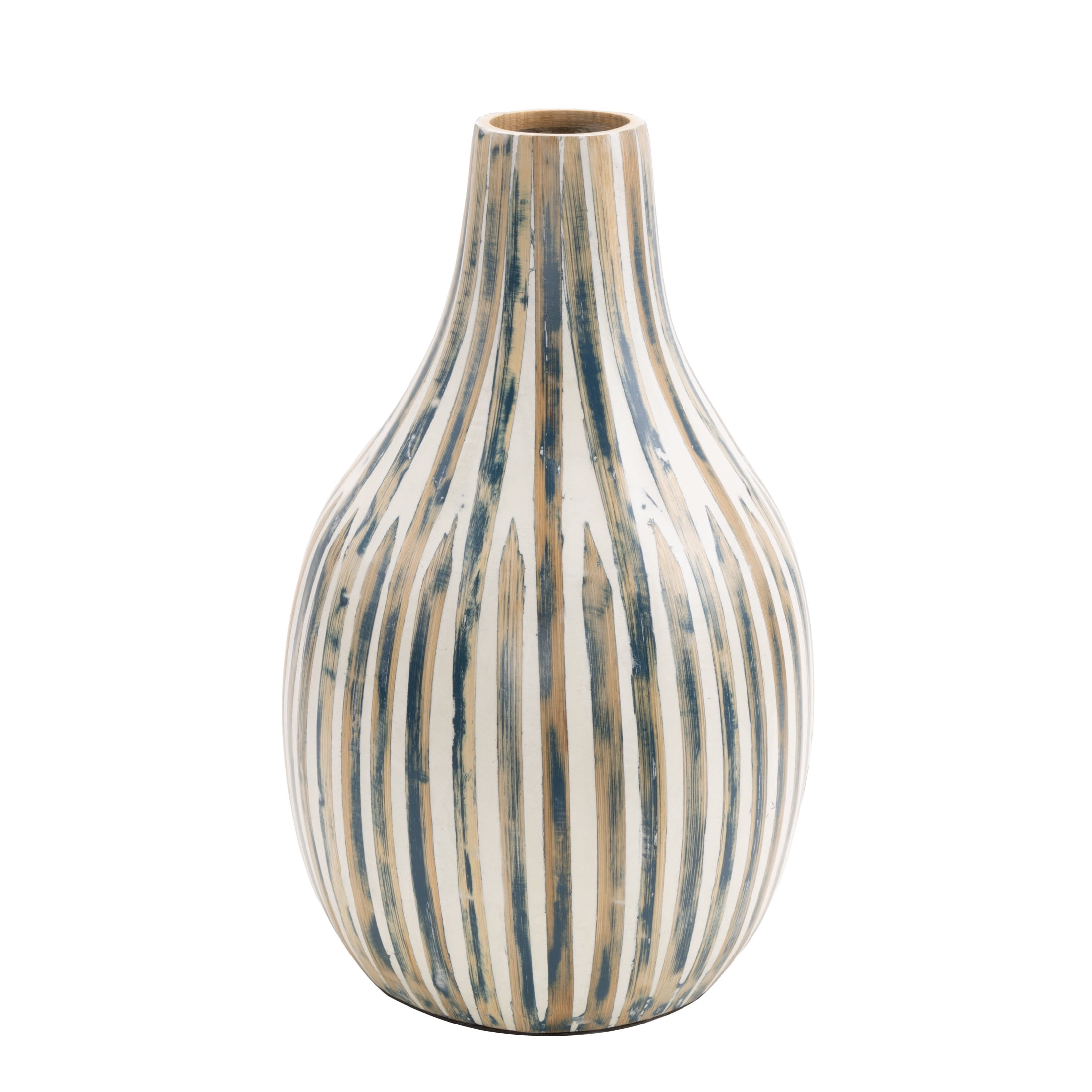 DecMode 16" Brushed Blue Bamboo Wood Vase with Cream Accents and White Stripes