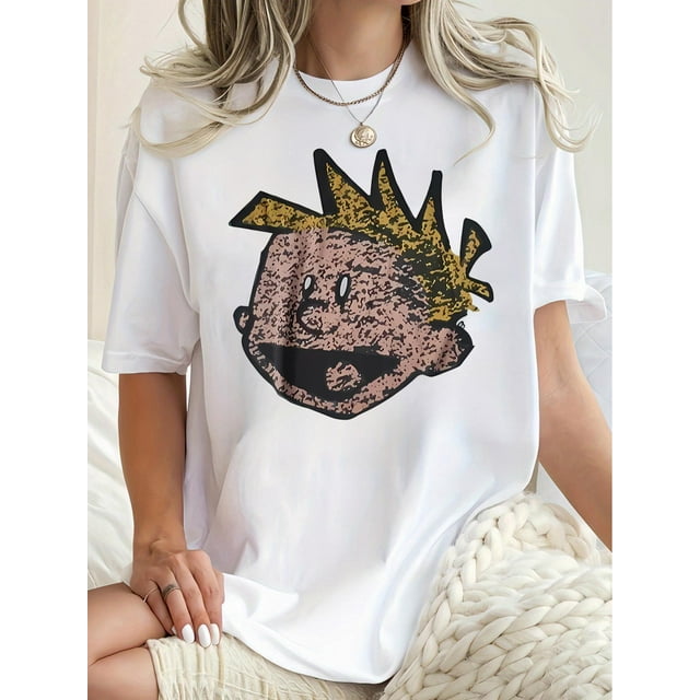 1 Pce T-Shirt Décontracté à Col Rond pour Femmes avec Imprimé Visage de Garçon Créatif, Haut en Polyester Tricoté à Manches Courtes à la Mode, Confortable pour Toutes les Saisons, Fête des Mères, Nouvel An, Festival de Printemps