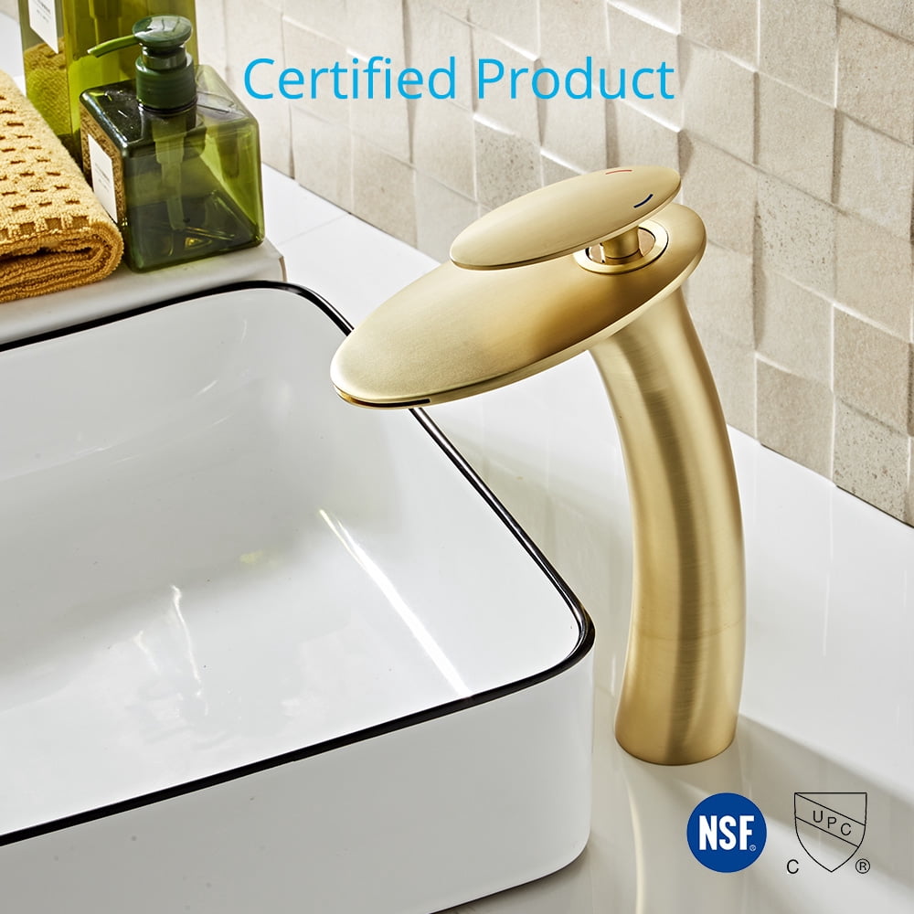 Wovier Matte Gold Waterfall Bathroom Sink Faucet with Supply Hose,Single Handle Single Hole Vessel Lavatory Faucet,Slanted Body Basin Mixer Tap Tall Body