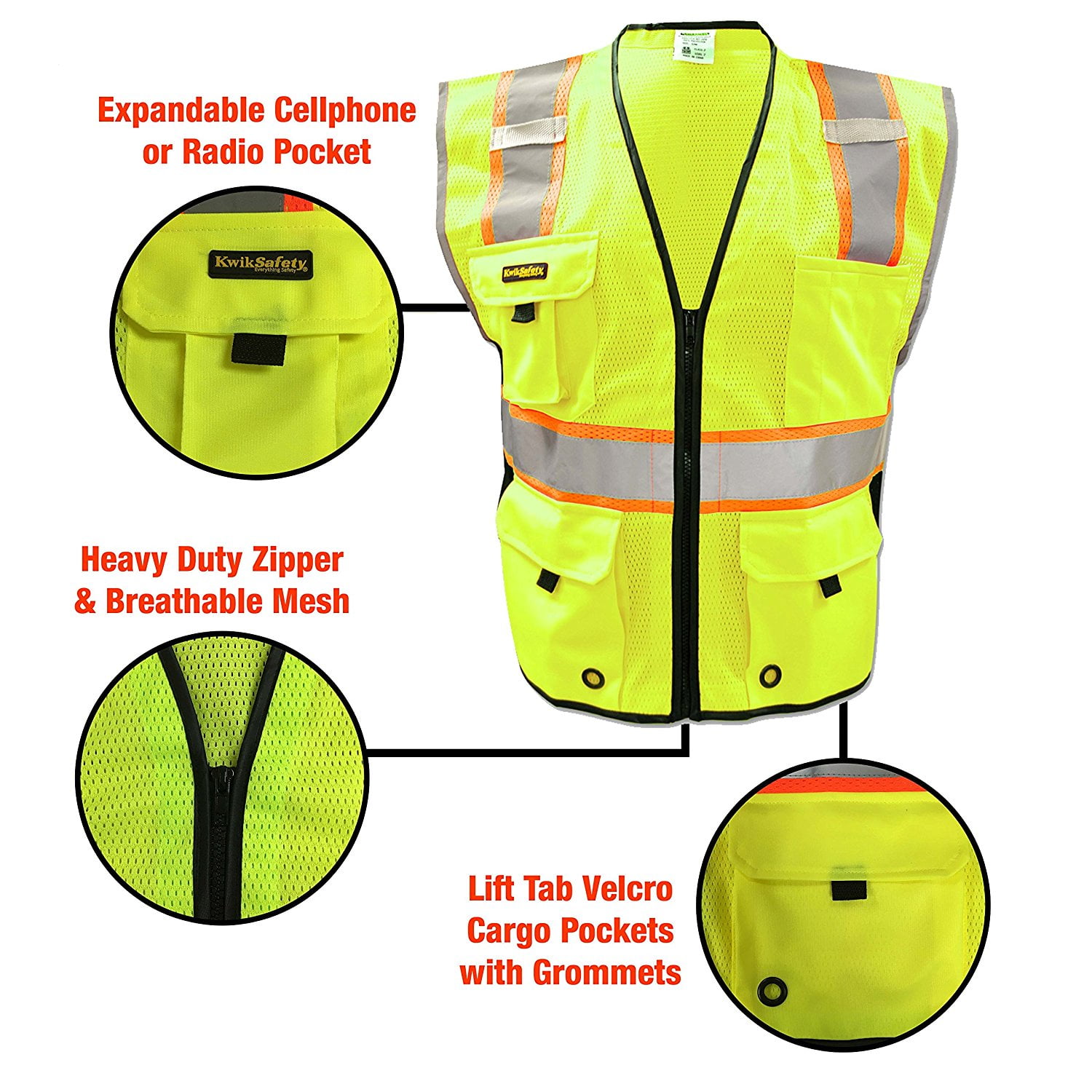 KwikSafety BIG KAHUNA Hi Vis Reflective ANSI PPE Surveyor Class 2 Safety  Vest Size: 4XL/5XL, Color: Orange