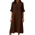 thumbnail image 4 of Atogsazn Women's Summer Linen Midi Dress Loose Button Short Sleeve Crew Neck Sundress Flowy Casual Dresses Brown S Fashion, 4 of 7