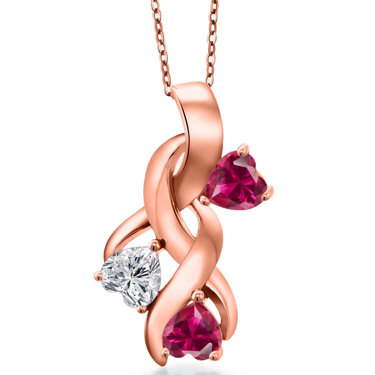 Gem Stone King 18K Rose Gold Plated Silver Lab Grown Diamond and Red Created Ruby Pendant Necklace for Women | 1.64 Cttw | Gemstone April Birthstone | Heart Shape 5MM | With 18 inch Chain
