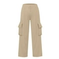 thumbnail image 6 of PUYAHG Casual Cargo Pants Women High Waist Loose Fit Elastic Waistband Drawstring Utility Wide Leg Comfortable Pockets Regular Trousers Khaki,M, 6 of 7