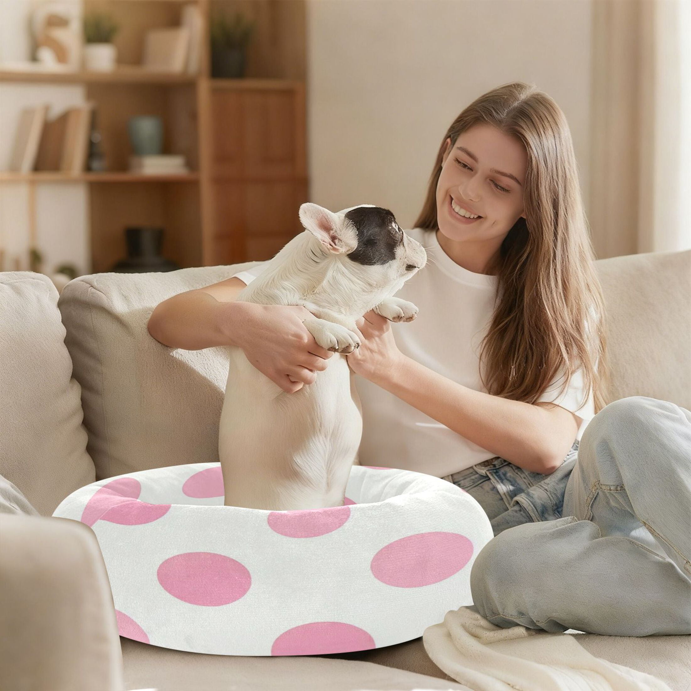 Iauyy Pet Couch Donut Cat Bed for Indoor Cats/Small Dogs Washable & Machine with Non-slip Bottom Calming Cat Furniture, The Pattern Of Dots (XS)