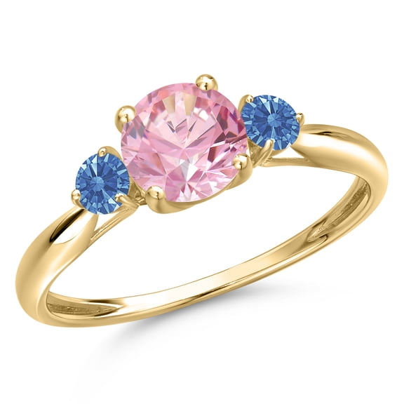 Gem Stone King 10K Yellow Gold Pink Zirconia 3-Stone Ring for Women | 1.72 Cttw | Round 6MM | Gemstone Birthstone | Size 9