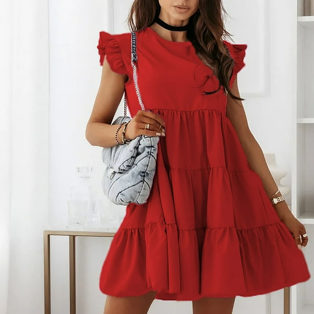 FcBaudy Robe à Manches Courtes à Col Rond, Robes pour Femmes, Robes d'Été pour Femmes Robe d'Été Décontractée pour Femmes à Col Rond à Manches Courtes Robe à Coutures Unies Robe pour Femme