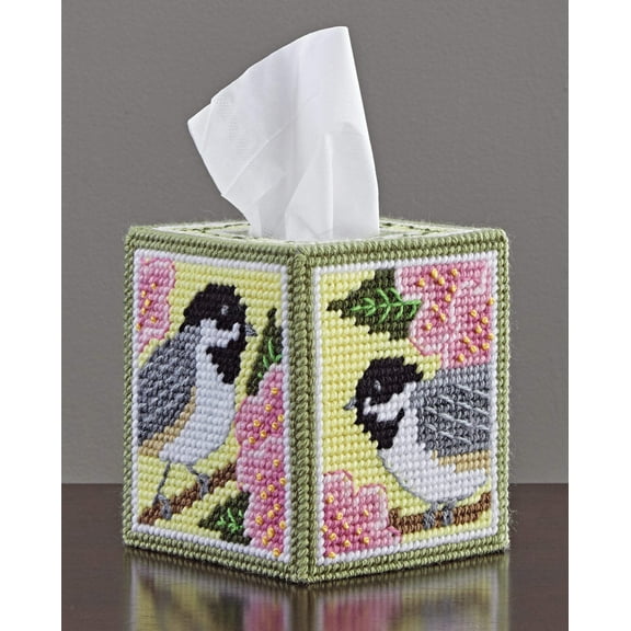 Mary Maxim Chickadee and Apple Blossom Plastic Canvas Tissue Box Cover Kit