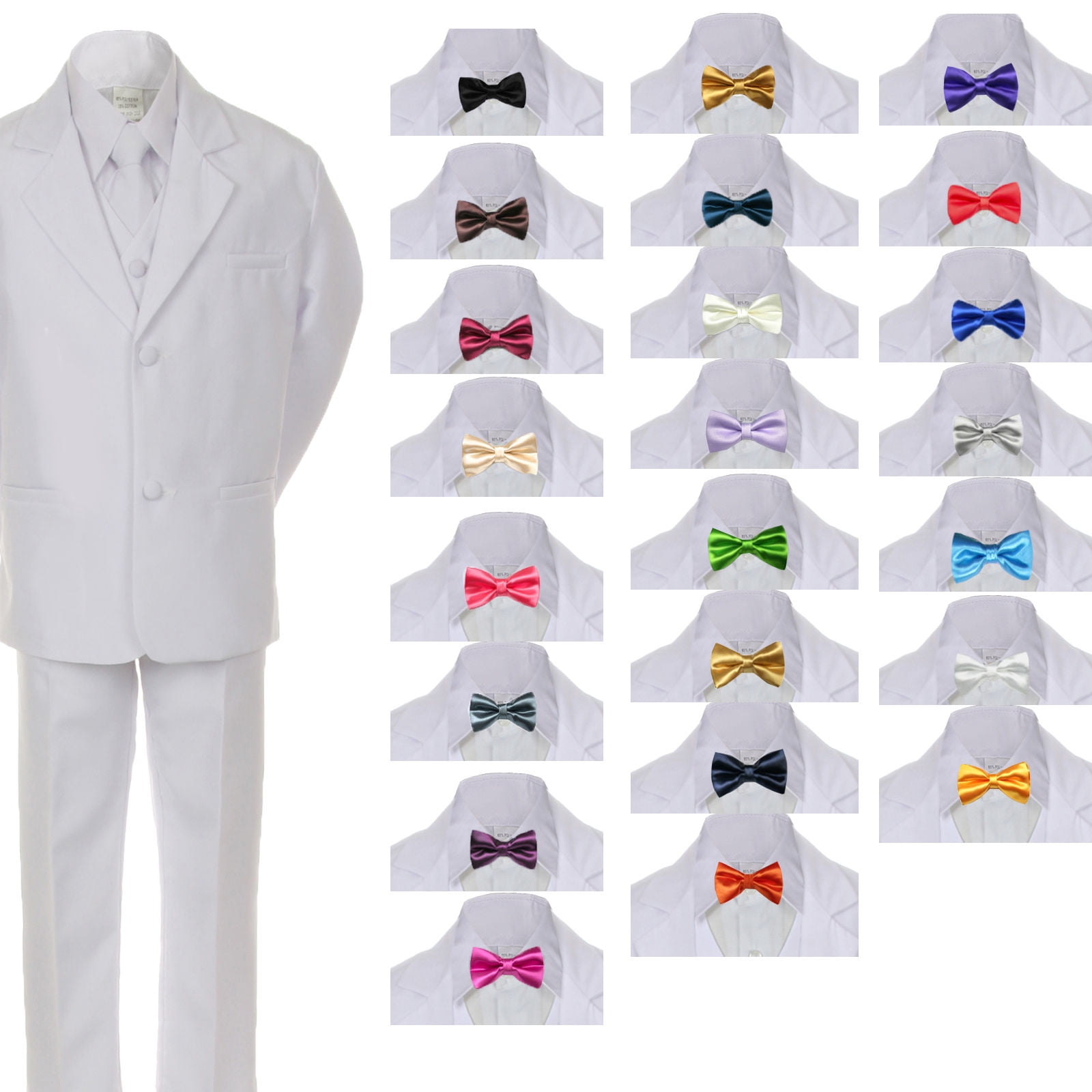 6pc Baby Toddler Kid Boy White Formal Wedding Suit Tuxedo w/ Satin Necktie S-7 